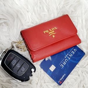Prada auth Saffiano red keychain card pouch wallet